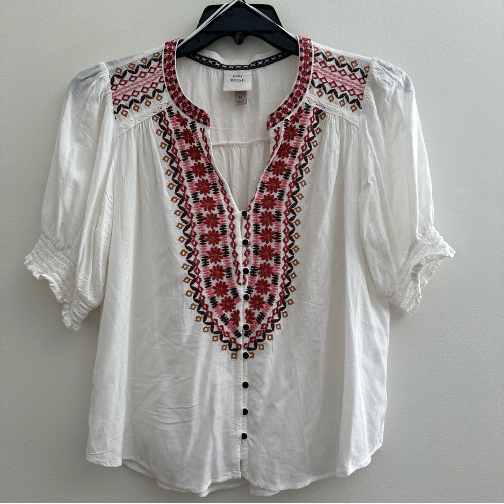 KNOX ROSE Women's Size M Blouse Top Natural Beige Floral Embroidery Boho